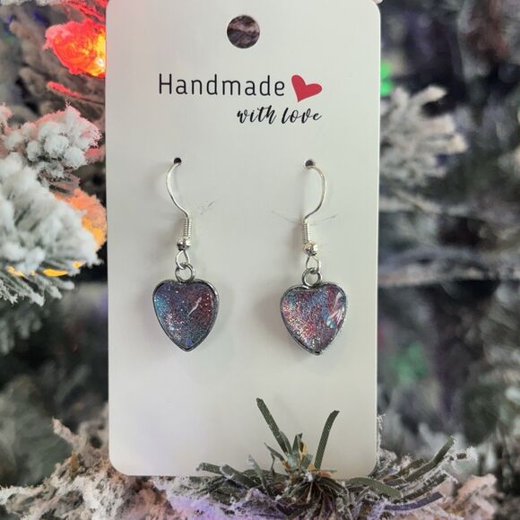 Handmade Acrylic Pour Dangle Heart Earrings Hypoallergenic Jewelry ARTISAN - Picture 2 of 5